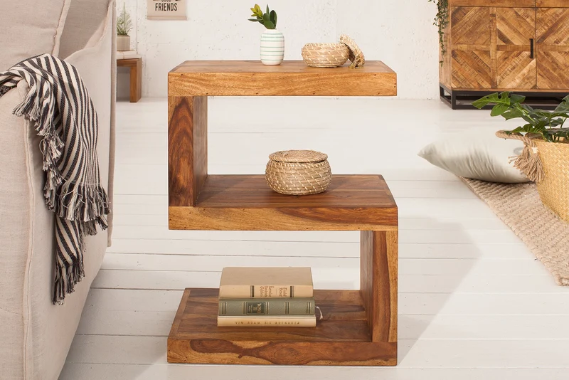 Table d'appoint artisanale S 60cm en bois massif de Sheesham marron finition pierre étagère