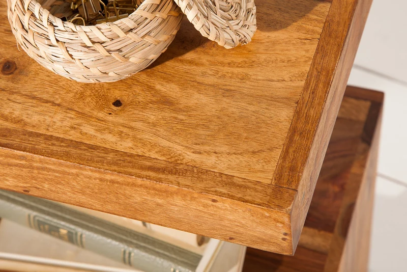 Table d'appoint artisanale S 60cm en bois massif de Sheesham marron finition pierre étagère