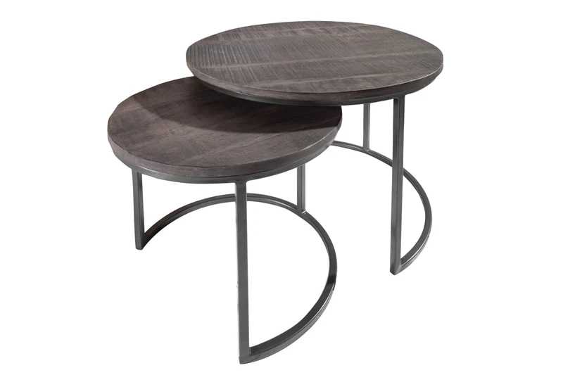 Ensemble de 2 tables d'appoint industrielles ELEMENTS 60 cm en bois de manguier gris massif rondes en métal noir