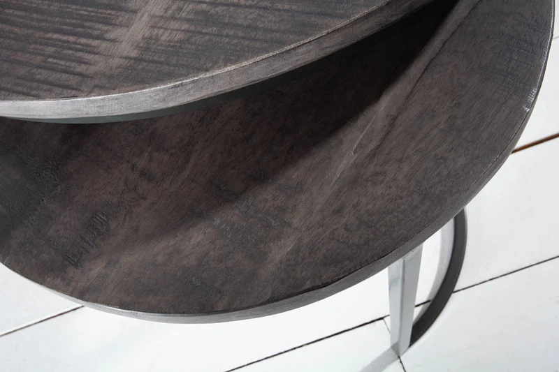 Ensemble de 2 tables d'appoint industrielles ELEMENTS 60 cm en bois de manguier gris massif rondes en métal noir