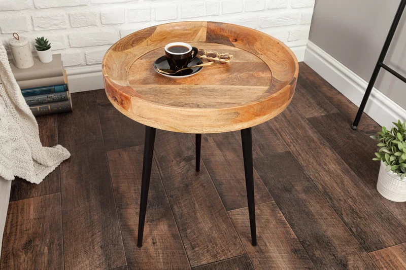 Table d'appoint massive PURE NATURE 45cm en bois de manguier naturel ronde avec pieds en métal noir