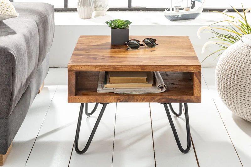 Table d'appoint en bois massif SCORPION 45cm marron Finition pierre de Sheesham Pieds en épingle à cheveux Espace de rangement