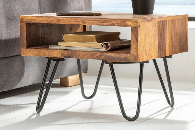 Table d'appoint en bois massif SCORPION 45cm marron Finition pierre de Sheesham Pieds en épingle à cheveux Espace de rangement