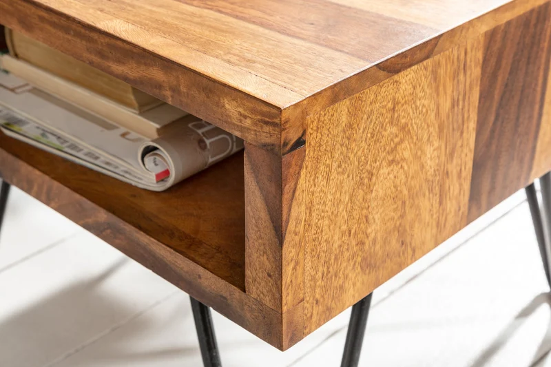 Table d'appoint en bois massif SCORPION 45cm marron Finition pierre de Sheesham Pieds en épingle à cheveux Espace de rangement
