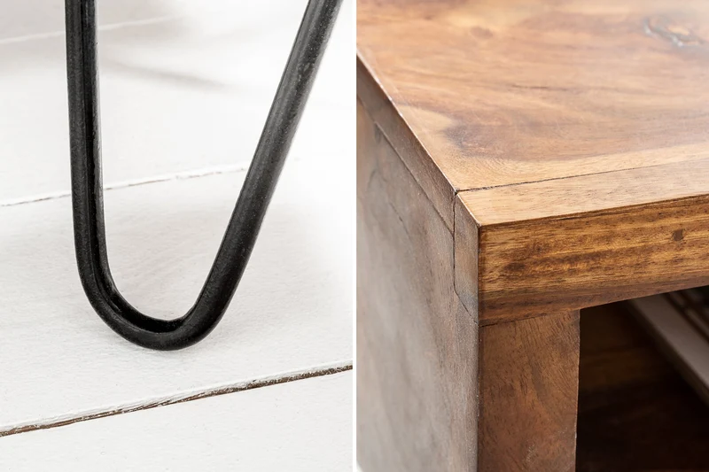 Table d'appoint en bois massif SCORPION 45cm marron Finition pierre de Sheesham Pieds en épingle à cheveux Espace de rangement