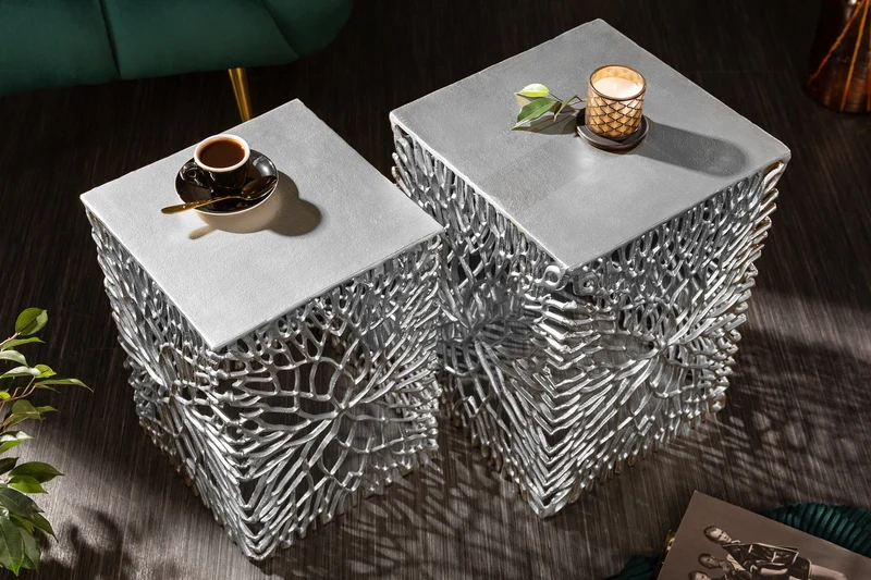 Table d'appoint en filigrane, lot de 2, ABSTRACT LEAF, 45 cm, argent, fait main