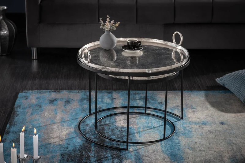 Lot de 2 tables basses rondes ELEMENTS 65cm plateau métal noir argenté table d'appoint
