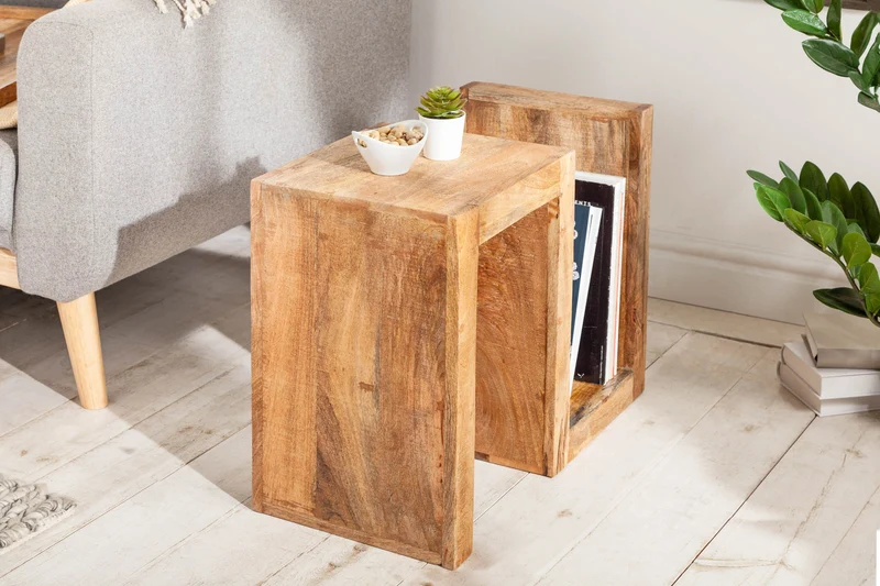 Table d'appoint artisanale S 60cm en bois de manguier massif avec étagère réglable