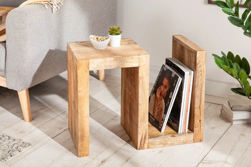 Table d'appoint artisanale S 60cm en bois de manguier massif avec étagère réglable