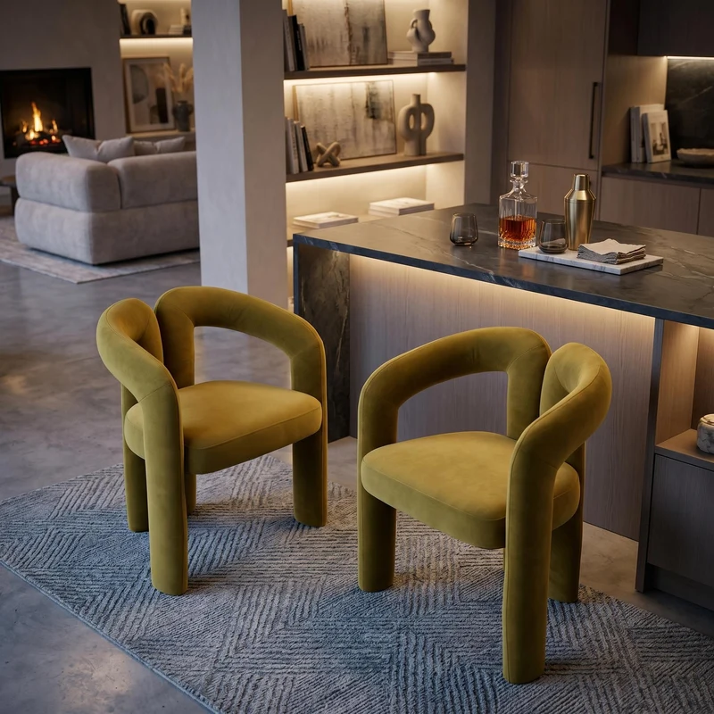 Lot de 2 chaises design sculpturales en velours vert moutarde ergonomique FLEX LEATHER ELITE