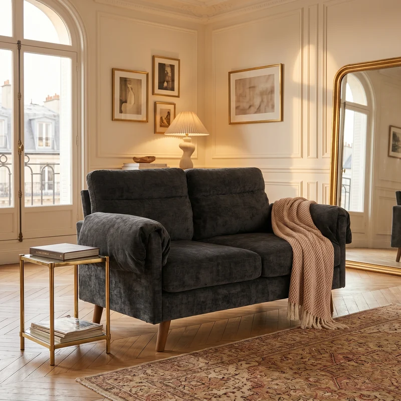 Canapé 2 places compact en chenille douce noire 124x70x85cm BIRCHSHELF