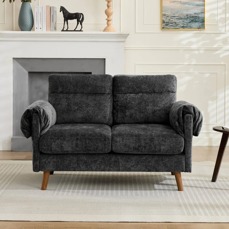 Canapé 2 places compact en chenille douce noire 124x70x85cm BIRCHSHELF