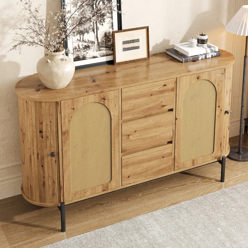 Buffet effet bois 2 portes en rotin et 3 tiroirs 140x 38x77,5cm BIRCHONE