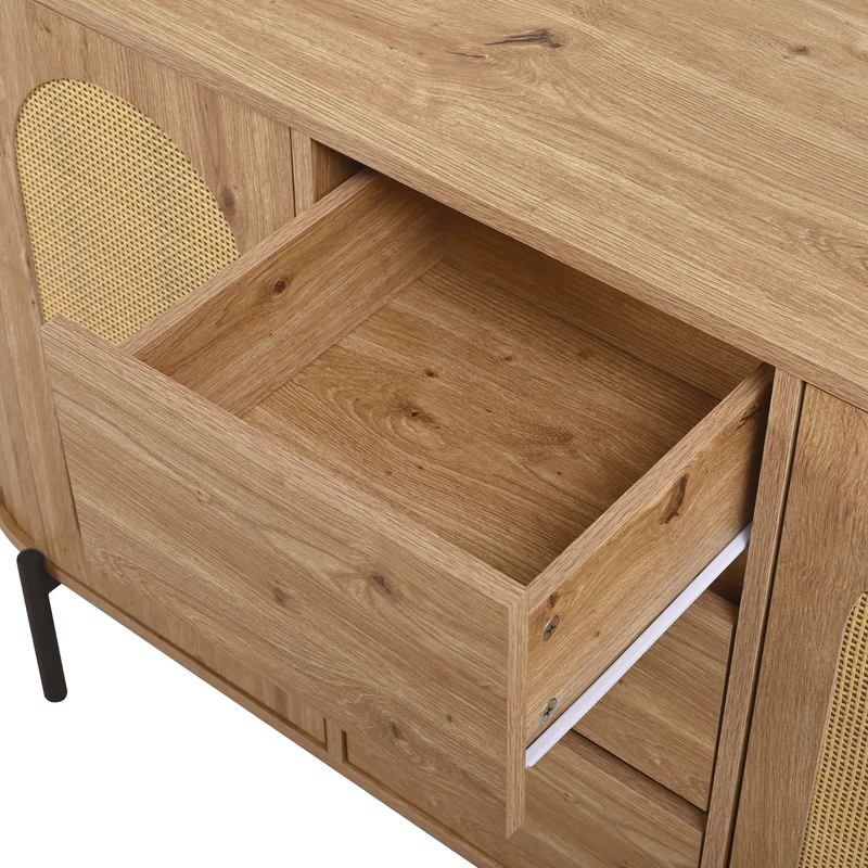 Buffet effet bois 2 portes en rotin et 3 tiroirs 140x 38x77,5cm BIRCHONE