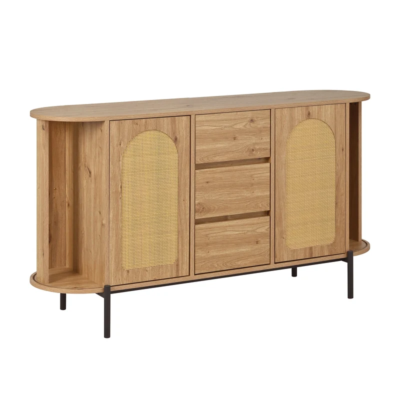 Buffet effet bois 2 portes en rotin et 3 tiroirs 140x 38x77,5cm BIRCHONE