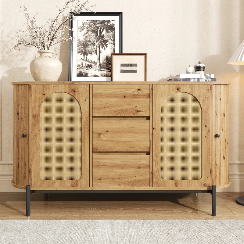 Buffet effet bois 2 portes en rotin et 3 tiroirs 140x 38x77,5cm BIRCHONE