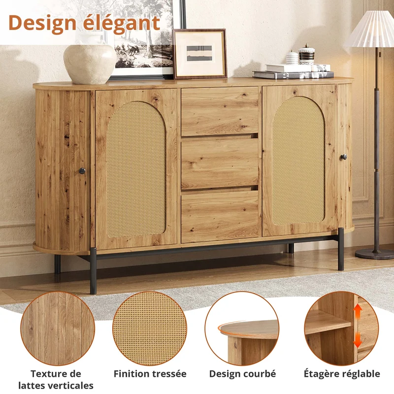 Buffet effet bois 2 portes en rotin et 3 tiroirs 140x 38x77,5cm BIRCHONE