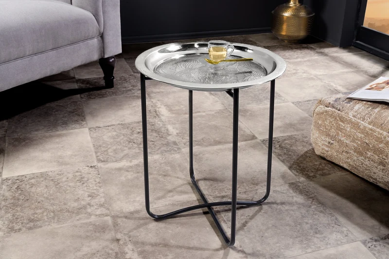 Table d'appoint orientale CASABLANCA 50cm plateau noir argenté amovible pliable