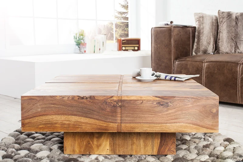 Table basse design en bois massif BOLT 70cm marron finition pierre de Sheesham faite main