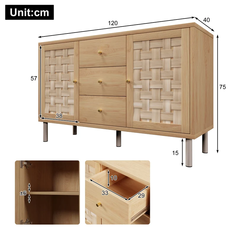 Buffet effet bois chêne 2 portes tressées 3 tiroirs 120x40x75cm BOOKCASEAIR