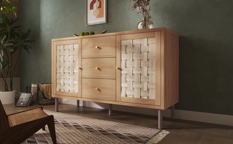 Buffet effet bois chêne 2 portes tressées 3 tiroirs 120x40x75cm BOOKCASEAIR