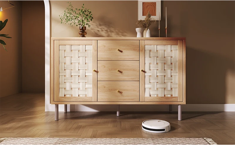 Buffet effet bois chêne 2 portes tressées 3 tiroirs 120x40x75cm BOOKCASEAIR