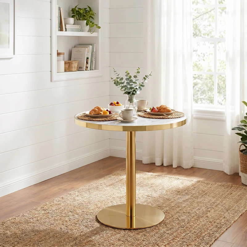 Table de salle à manger ronde effet marble blanc, acier inoxydable doré 60x60x74cm BENCHMAX