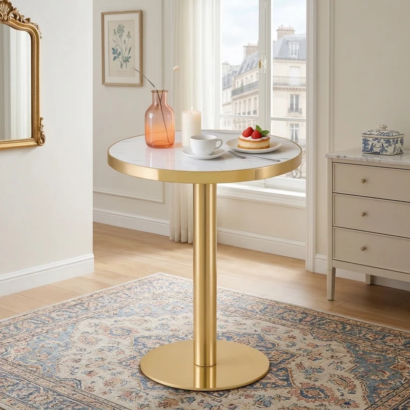 Table de salle à manger ronde effet marble blanc, acier inoxydable doré 60x60x74cm BENCHMAX