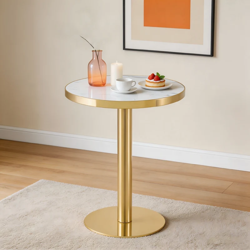 Table de salle à manger ronde effet marble blanc, acier inoxydable doré 60x60x74cm BENCHMAX