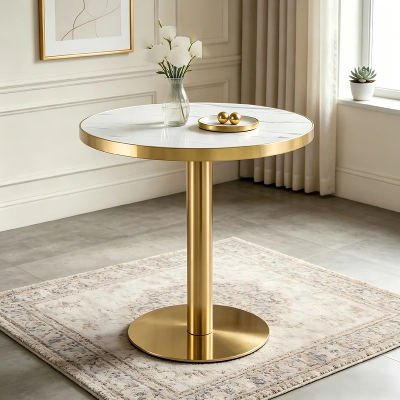 Table de salle à manger ronde effet marble blanc, acier inoxydable doré 60x60x74cm BENCHMAX