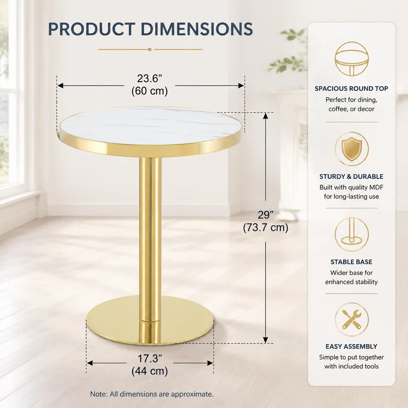 Table de salle à manger ronde effet marble blanc, acier inoxydable doré 60x60x74cm BENCHMAX