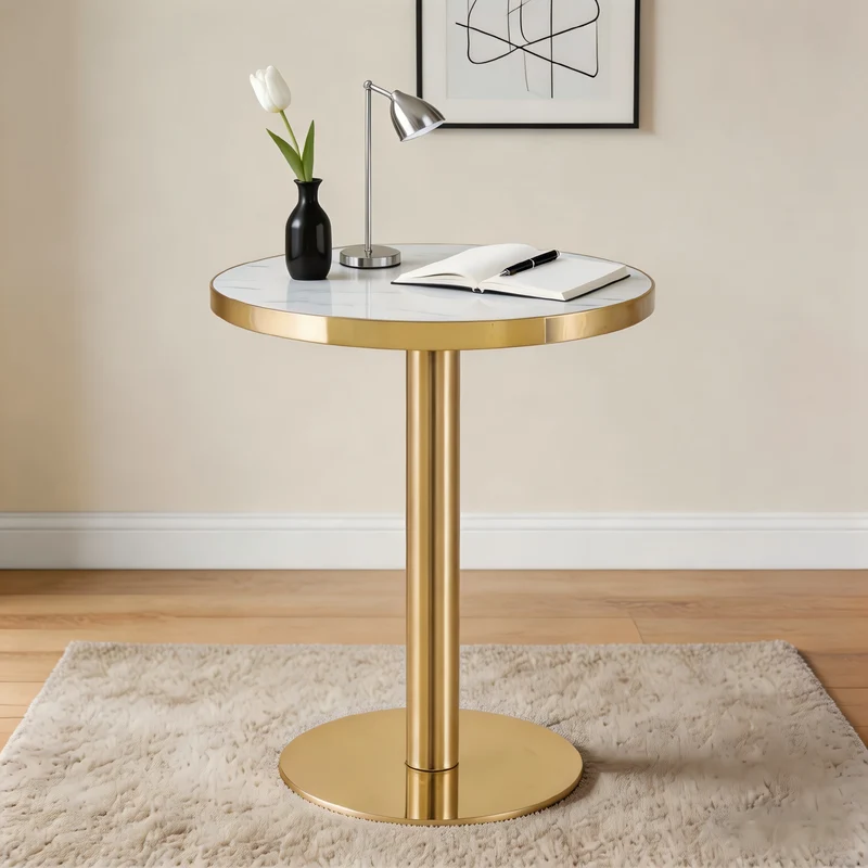 Table de salle à manger ronde effet marble blanc, acier inoxydable doré 60x60x74cm BENCHMAX