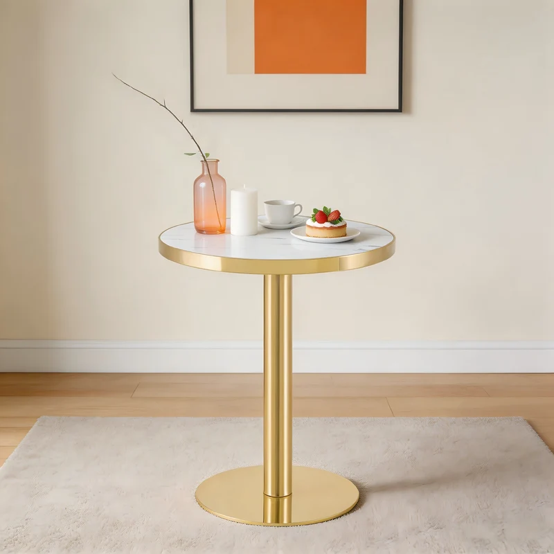 Table de salle à manger ronde effet marble blanc, acier inoxydable doré 60x60x74cm BENCHMAX