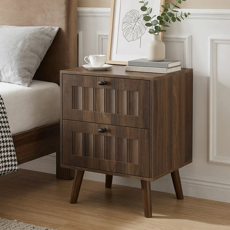 Table de chevet effet noyer design côtelé 2 tiroirs, 1 pièce BIRCHVANITY