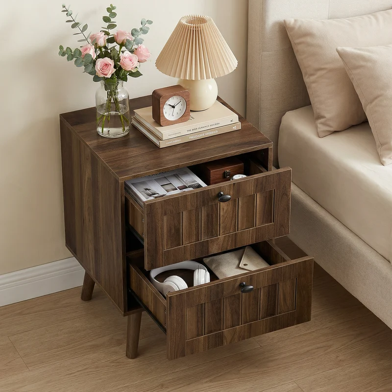 Table de chevet effet noyer design côtelé 2 tiroirs, 1 pièce BIRCHVANITY