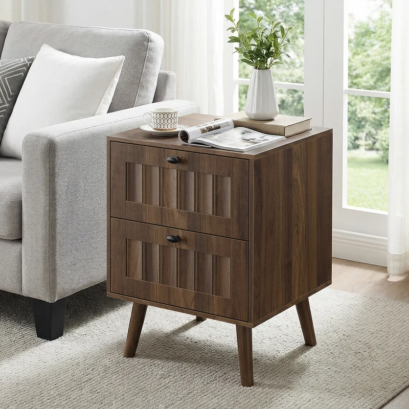 Table de chevet effet noyer design côtelé 2 tiroirs, 1 pièce BIRCHVANITY