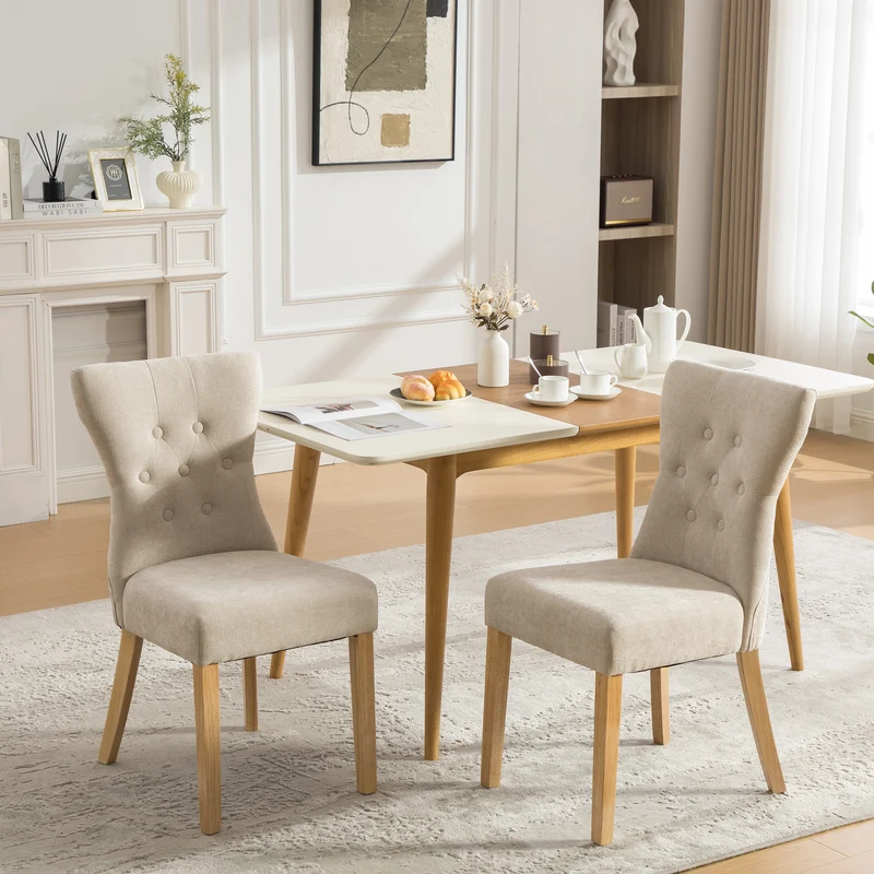 Lot de 2 chaises de salle à manger tissu chenille beige pieds bois massif BIRCHCURTAIN