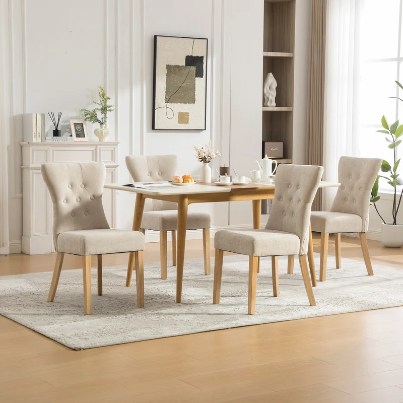 Lot de 2 chaises de salle à manger tissu chenille beige pieds bois massif BIRCHCURTAIN