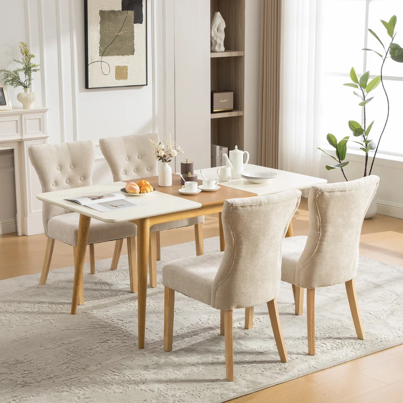Lot de 2 chaises de salle à manger tissu chenille beige pieds bois massif BIRCHCURTAIN