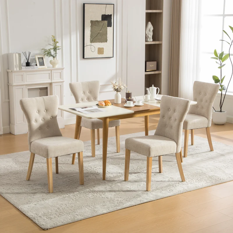 Lot de 2 chaises de salle à manger tissu chenille beige pieds bois massif BIRCHCURTAIN