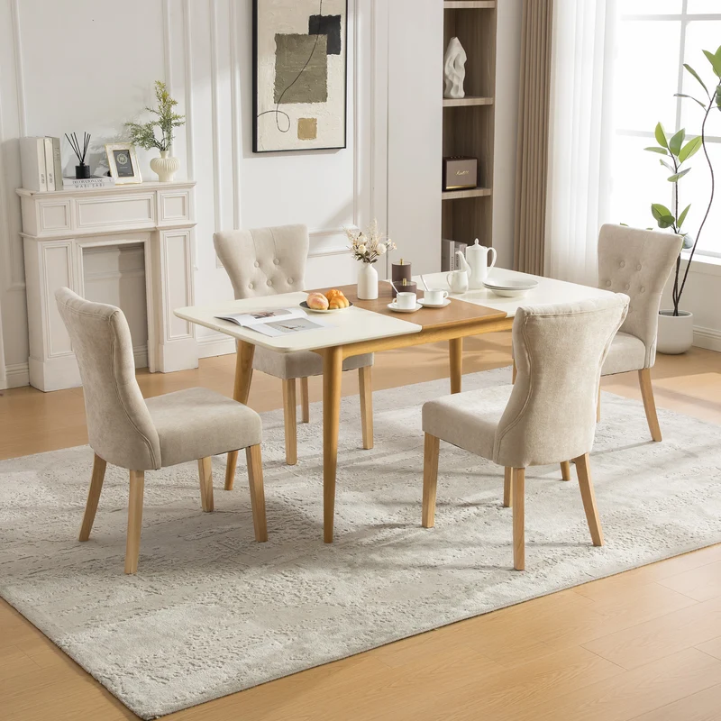 Lot de 2 chaises de salle à manger tissu chenille beige pieds bois massif BIRCHCURTAIN