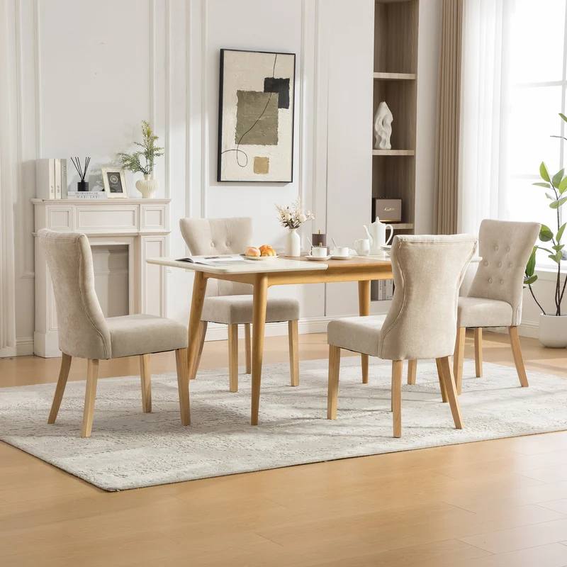 Lot de 2 chaises de salle à manger tissu chenille beige pieds bois massif BIRCHCURTAIN