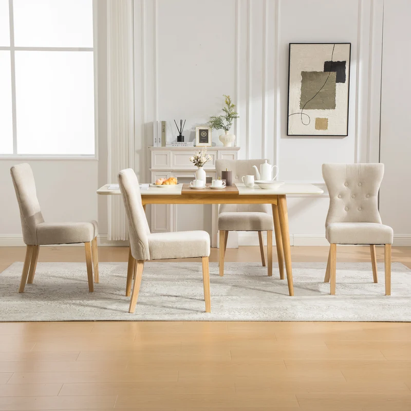 Lot de 2 chaises de salle à manger tissu chenille beige pieds bois massif BIRCHCURTAIN