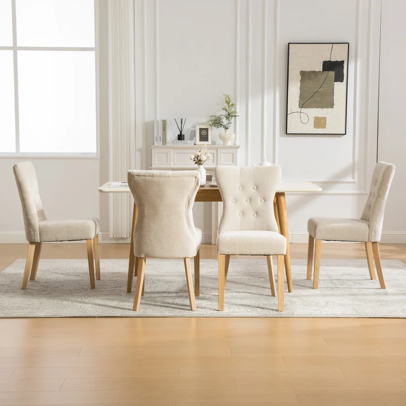 Lot de 2 chaises de salle à manger tissu chenille beige pieds bois massif BIRCHCURTAIN