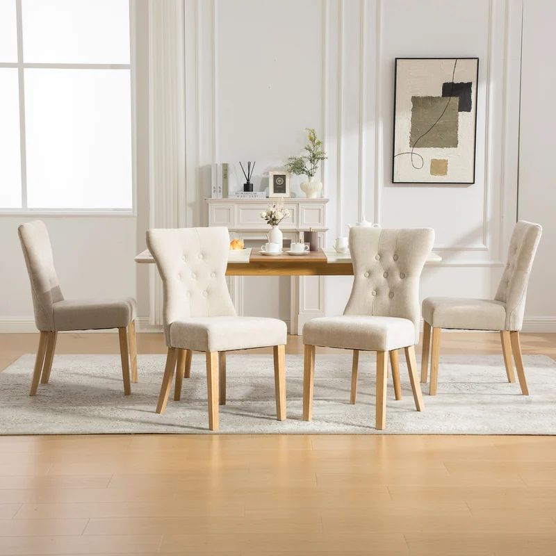 Lot de 2 chaises de salle à manger tissu chenille beige pieds bois massif BIRCHCURTAIN