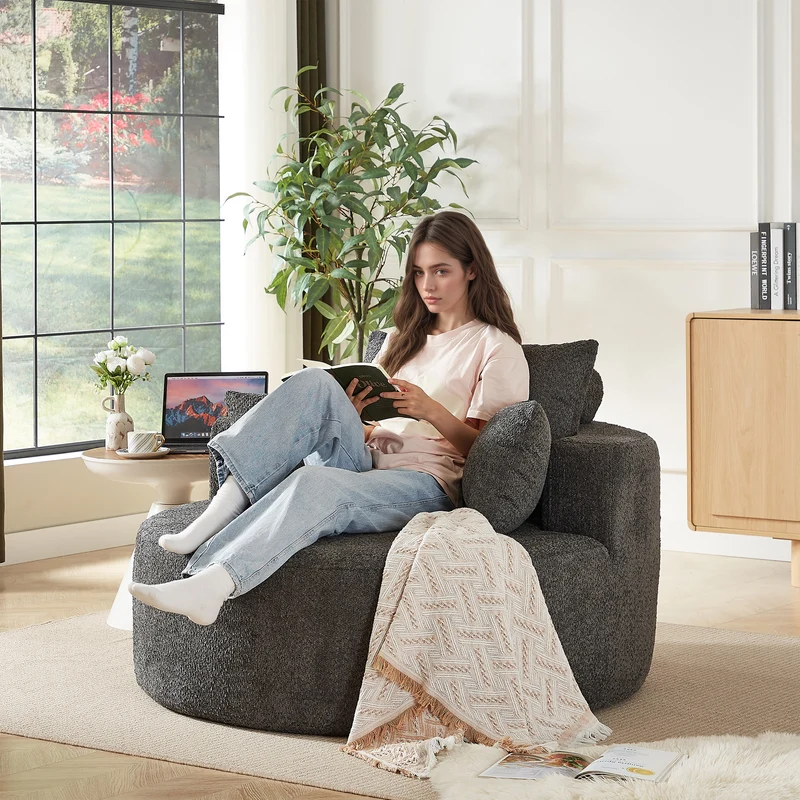 Fauteuil simple rond en chenille gris avec coussins sans montage BIRCHCONTAINER