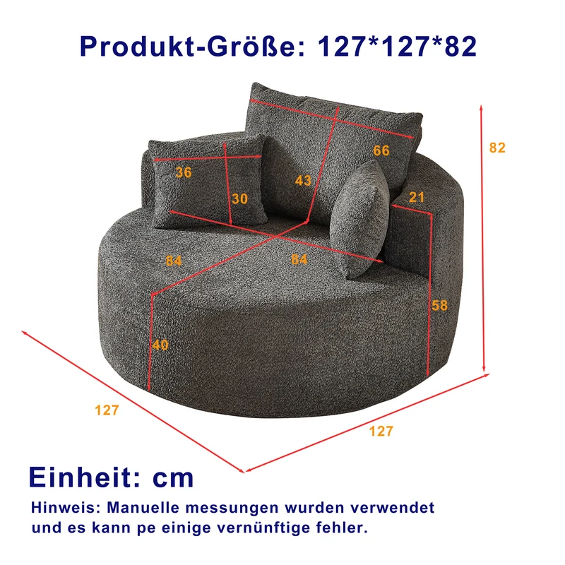 Fauteuil simple rond en chenille gris avec coussins sans montage BIRCHCONTAINER