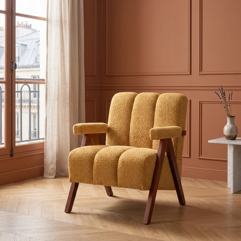 Fauteuil tissu bouclé jaune bois massif chêne accoudoirs 77x68,5x77cm BENCHPLUS