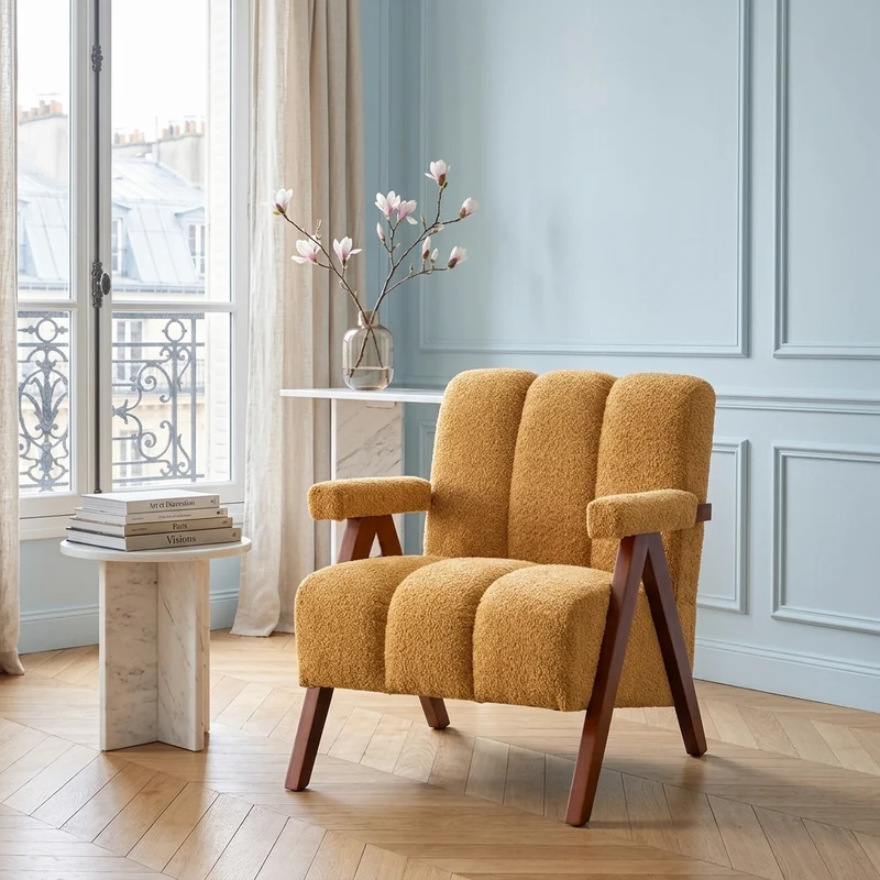 Fauteuil tissu bouclé jaune bois massif chêne accoudoirs 77x68,5x77cm BENCHPLUS