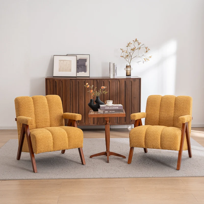 Fauteuil tissu bouclé jaune bois massif chêne accoudoirs 77x68,5x77cm BENCHPLUS